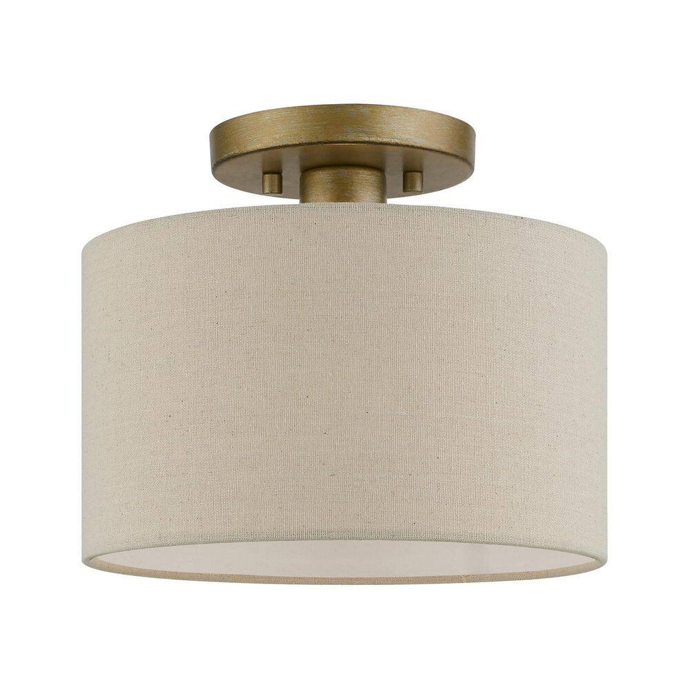 Burnett Antique Gold Leaf 10" Drum Semi-Flush Mount with White Shade