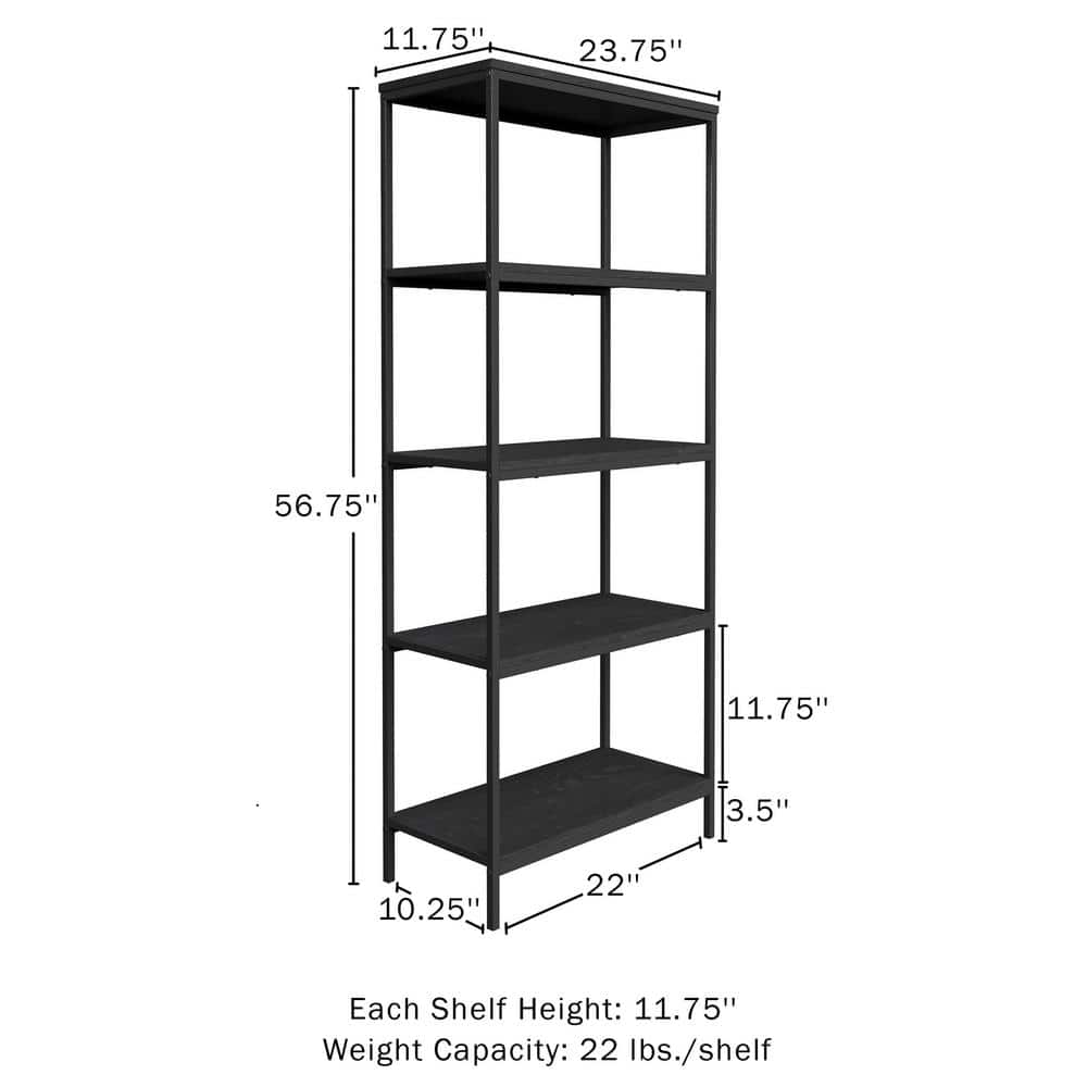 Industrial 59" Black Woodgrain 5-Tier Bookshelf for Chic Display