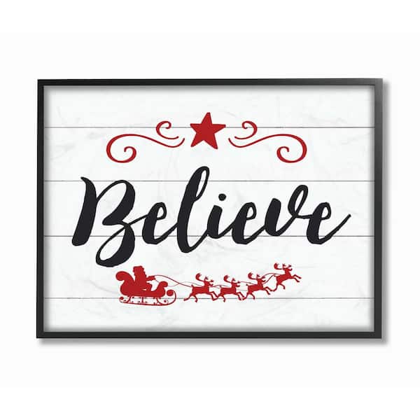 Stupell Industries 11 in. x 14 in. "Holiday Believe Elegant Typography with Red Sleigh" by Artist Lettered and Lined Framed Wall Art
