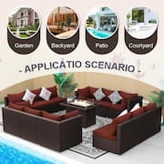 Luxury 13-Piece Patio Brown PE Wicker Patio Sofa Set with Red Cushions and 55,000 BTU Fire Pit Table