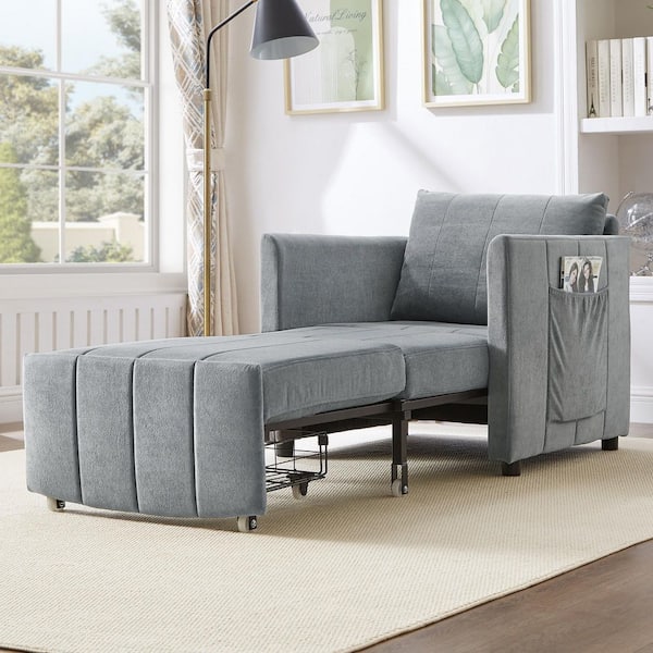 Gray Chenille Arm Chair Convertible Sofa Bed with 5-Position Adjustable Backrest, Side Pockets and a Storage Basket
