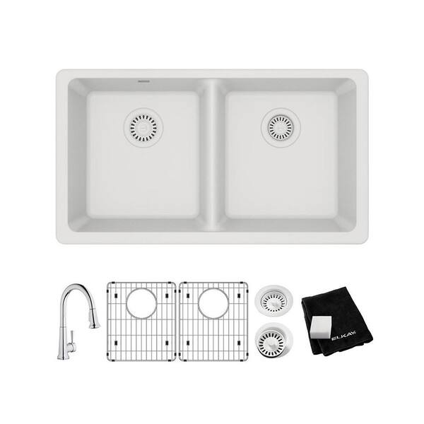 Elkay Quartz Classic White Quartz 33 in. Equal Double Bowl Undermount Kitchen Sink with Faucet, Bottom Grid and Drain