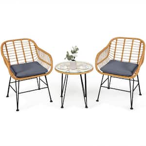 3-Piece Wicker Outdoor Patio Conversation Set Rattan Bistro Set with Gray Cushions and Table