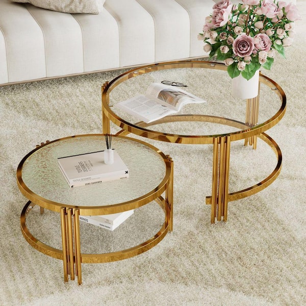 32.8 in. Gold Round Tempered Glass Coffee Table