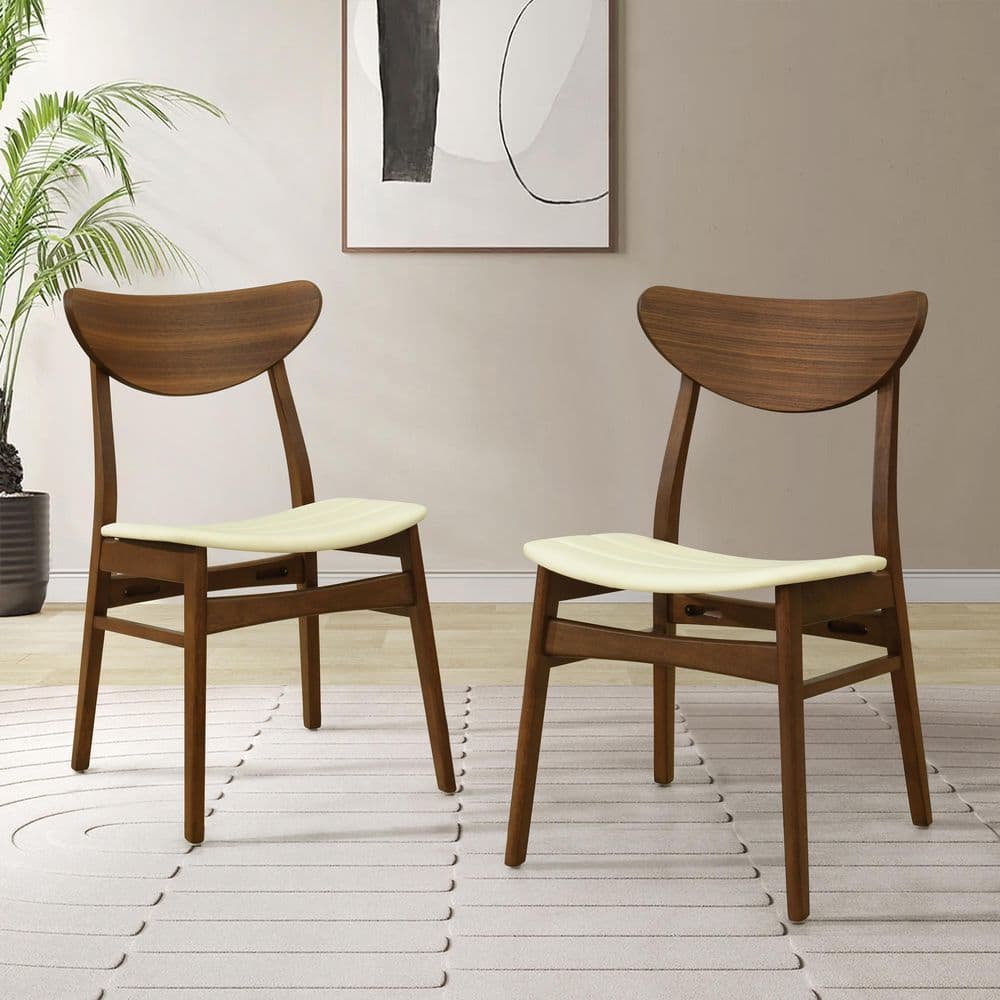 Anise Modern Solid Wood and PU Faux Leather Dining Side Chairs, Beige + Walnut, Set of 2