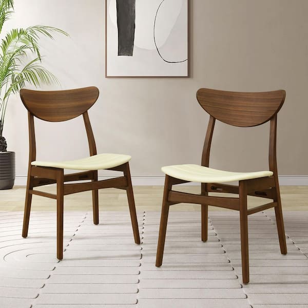 Anise Modern Solid Wood and PU Faux Leather Dining Side Chairs, Beige + Walnut, Set of 2