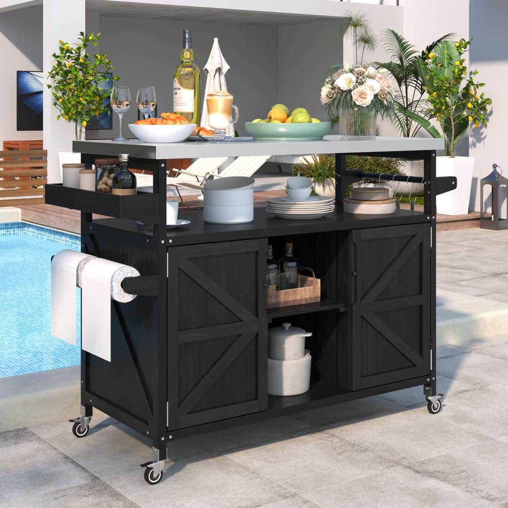 Black Wood Kitchen Cart Kitchen Island Bar Cart with Stainless Steel Top/Sp