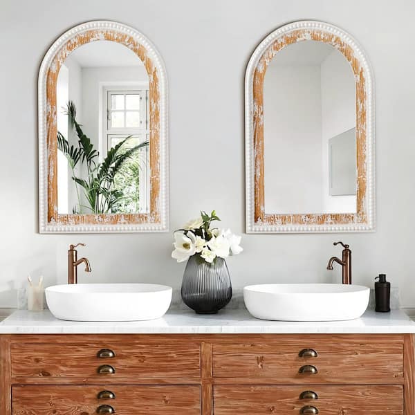 19 in. W x 31 in. H Arched Beaded Framed Floating Wall Bathroom Vanity Mirror in Antique White