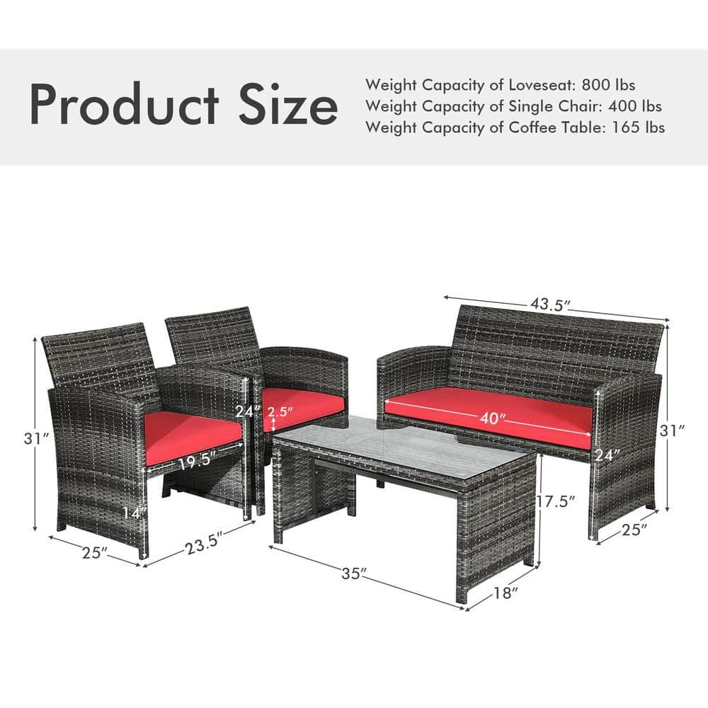 Red Cushioned Black Wicker 4-Piece Patio Furniture Set