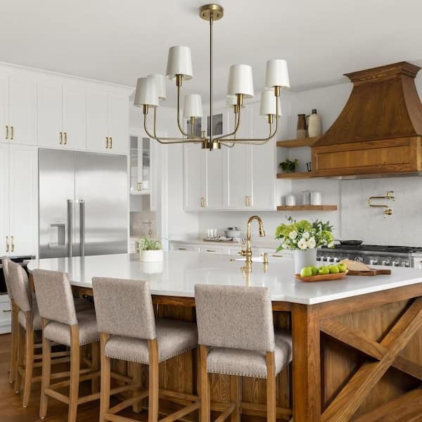 31 in. 8-Light Modern Antique Plated Brass Linear Chandelier, Farmhouse Candlestick Chandelier with Cone Fabric Shades