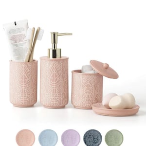 4-Piece Bathroom Accessory Set with Soap Dispenser, Toothbrush Holder, Canister and Soap Dish in Pink