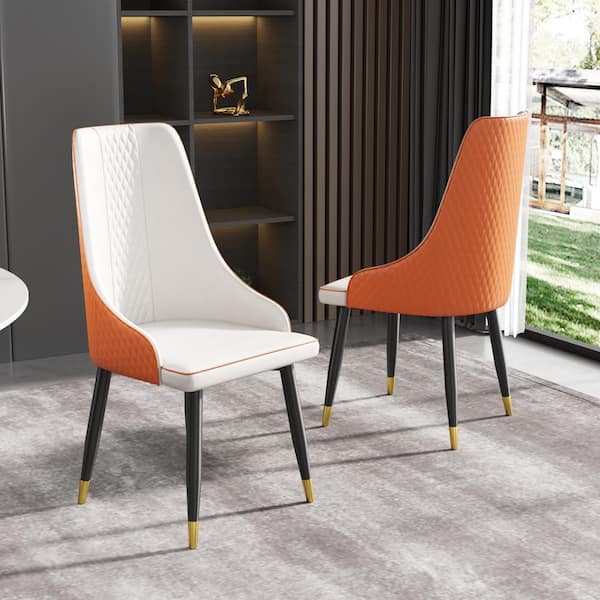 Magic Home Set of 2 Ergonomic PU Leather Dining Chair Morden Desk Chair with Solid Wood Metal Legs and Backrest, Orange