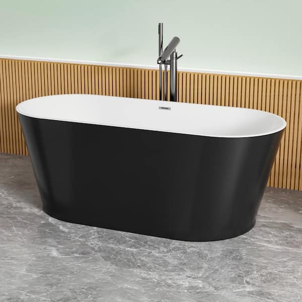 59 in. x 30 in. Acrylic Freestanding Deep Soaking Bathtub with Chrome Overflow and Pop-Up Drain in Black Bathtub