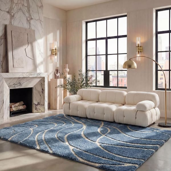 Florida Shag 11 ft. x 15 ft. Light Blue/Cream Solid Color Area Rug