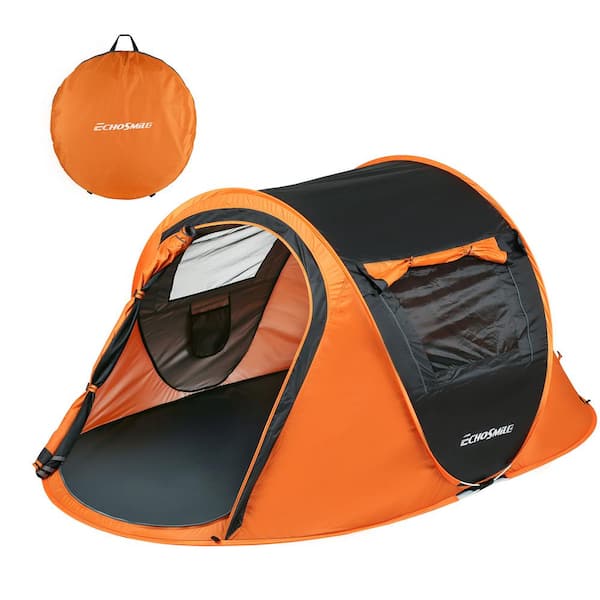 Tunearary 8 ft. x 4.7 ft. Black + Orange Outdoor 2-Person Portable Pop-Up Tent with 4 Mesh Windows and 2 Doors