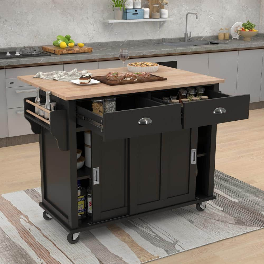  Black Rubber Wood Flodable Drop-Leaf Countertop 52.2 in. W Kitchen Island with Concealed Sliding Barn Door, Drawers