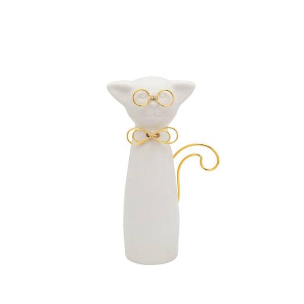 Liv & Skye White 4 in. x 7 in. Ceramic Cat Wearing Glasses Figurine