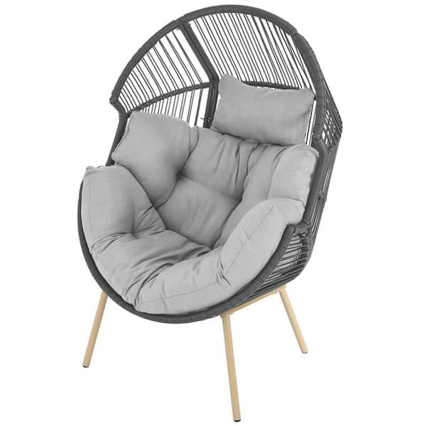 Patio Wicker Indoor/Outdoor Egg Lounge Chair with Gray Cushions