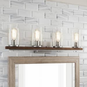 Boswell Quarter 33-1/4 in. 4-Light Silver with Painted Chestnut Wood Accents Bathroom Vanity Light