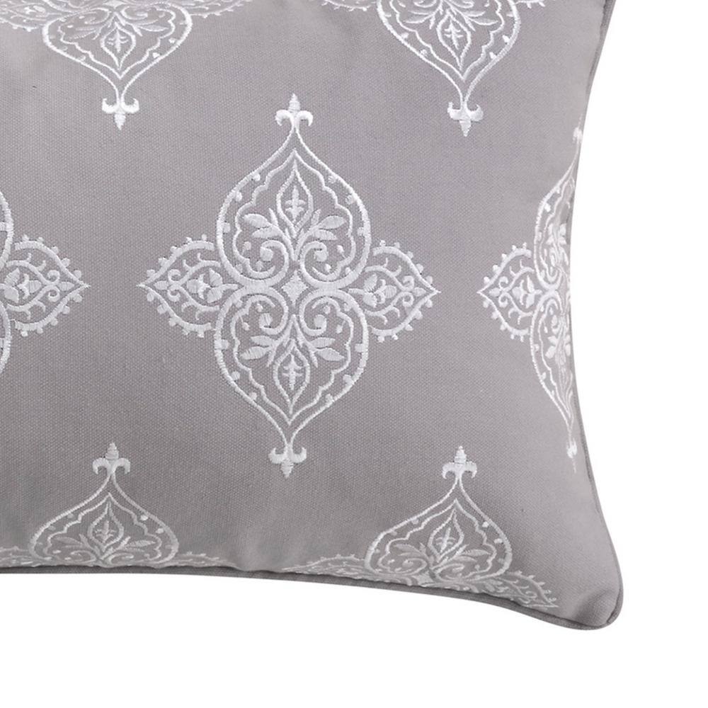 Gray and Ivory Embroidered Rectangular Feather Throw Pillow