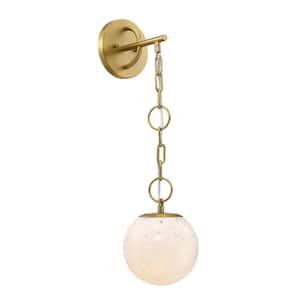 Wine Flower 7 in. 1-Light Brushed Gold Wall Sconce with White Art Glass Shade and Adjustable-Length Chain for Bathrooms