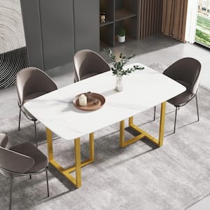 63 in. Rectangular White Sintered Stone Dining Table with Gold Stainless Steel Legs