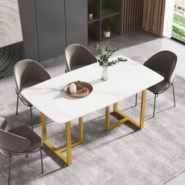 Magic Home 63 in. Rectangular White Sintered Stone Dining Table with Gold Stainless Steel Legs
