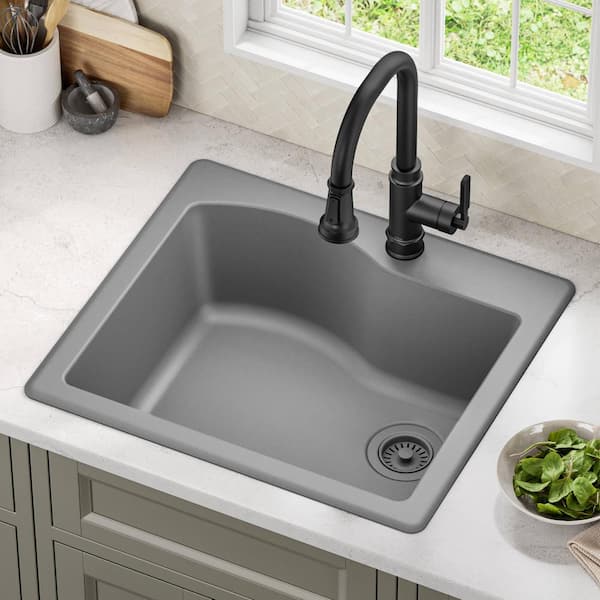 Quarza 25 Dual Mount Single Bowl Granite Kitchen Sink in Grey