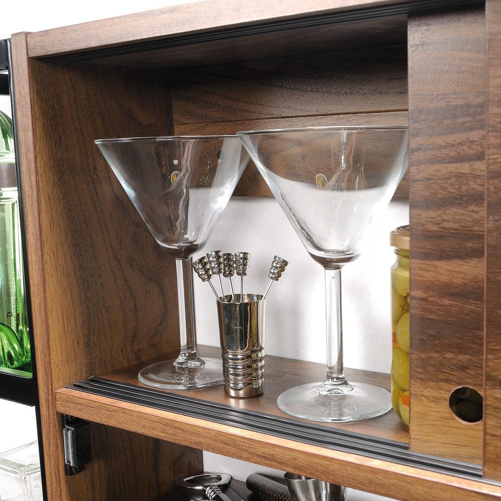 Grand Walnut and Black Wall Bar with Flip-Down Top