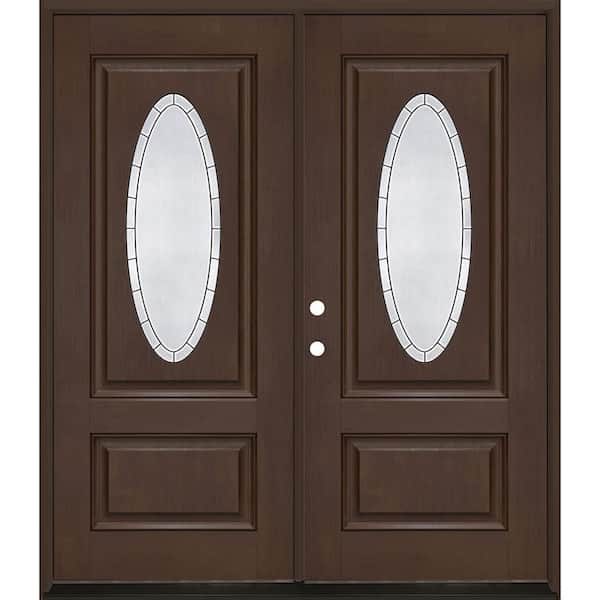 Steves & Sons Regency 72 in. x 80 in. 3/4L Oval Empire Deco Glass RHIS Hickory Fiberglass Double Prehung Front Door with 4-9/16 Jamb