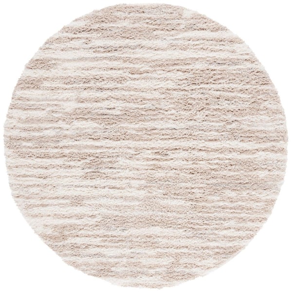 Lindsay Shag 7 ft. x 7 ft. Beige/Ivory Abstract Striped Round Area Rug