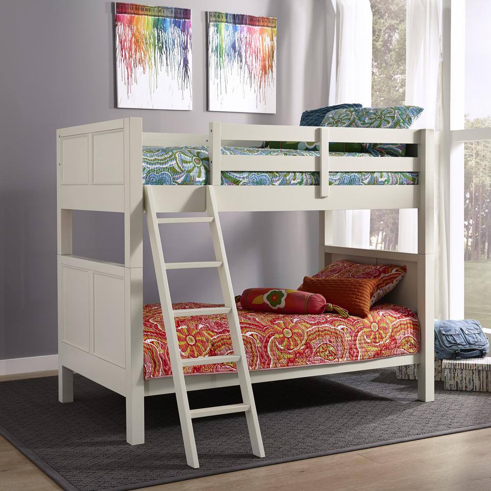 Off-White Twin Bunk Bed with Ladder and Headboard