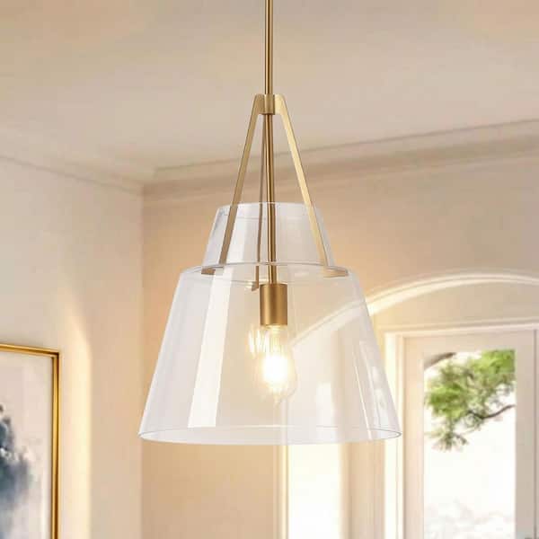 15 in. Modern 1-Light Brass Gold Kitchen Island Pendant Light with Clear Glass Shade, Foyer Hanging Light