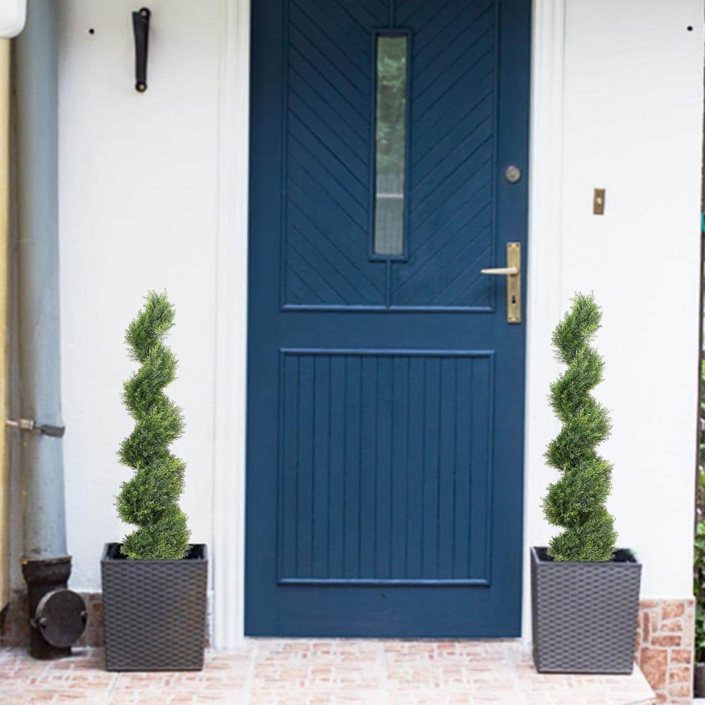 48-Inch Green Plastic Cedar Spiral Topiary Trees in Black Pots, Set of 2