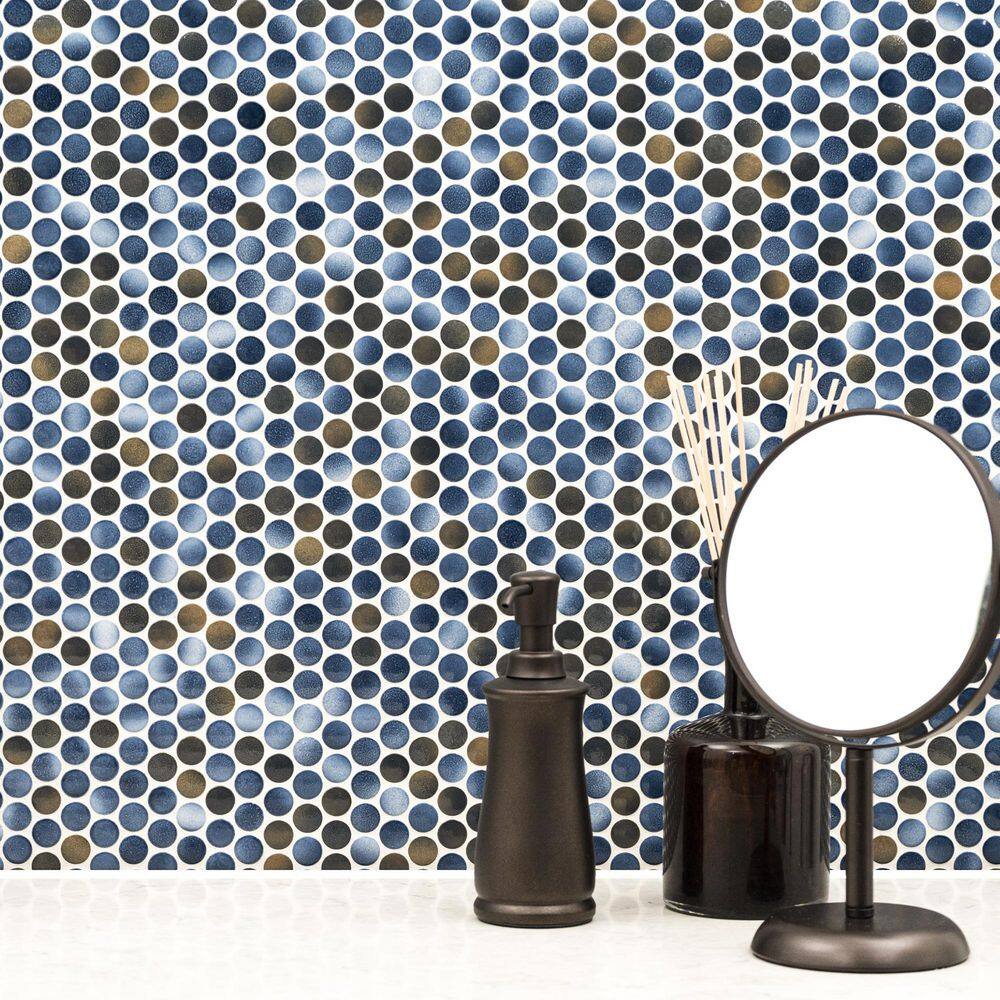 Azul Glossy Penny Round Porcelain Mosaic Tile 12" x 13"