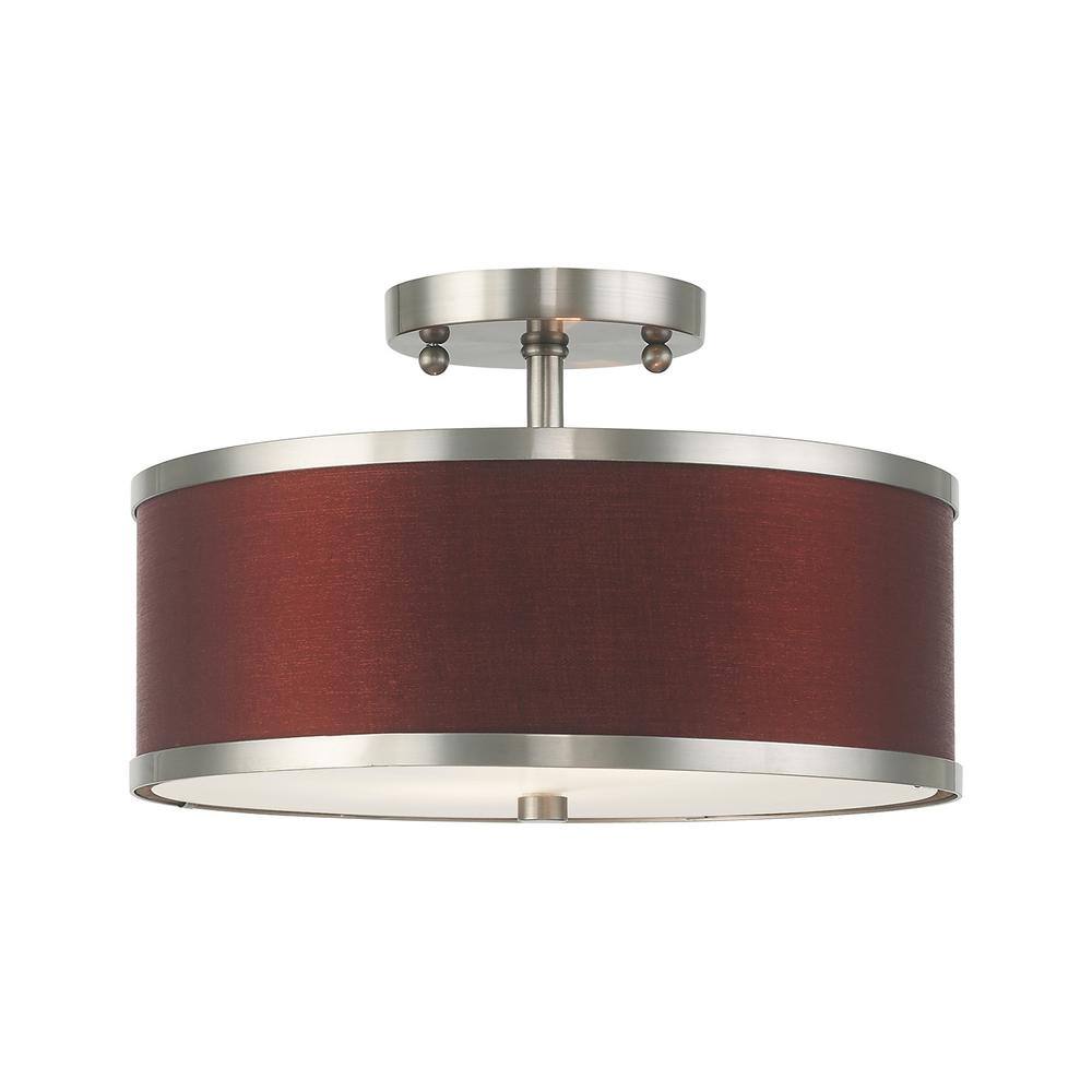 Brushed Nickel 2-Light Semi-Flush Mount with Red Wine Fabric Shade