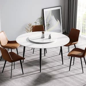 53.15 in. Circular Sintered Stone Tabletop Kitchen Dining Table with Lazy Susan with 4 Black Metal Legs (6 Seats)