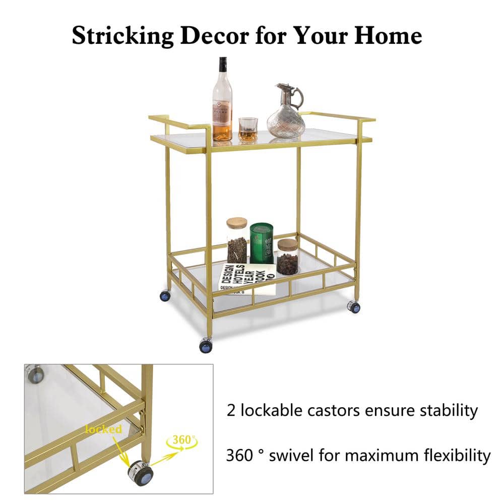 Dusky Gold Rolling Bar Cart with Mirrored Glass Shelves