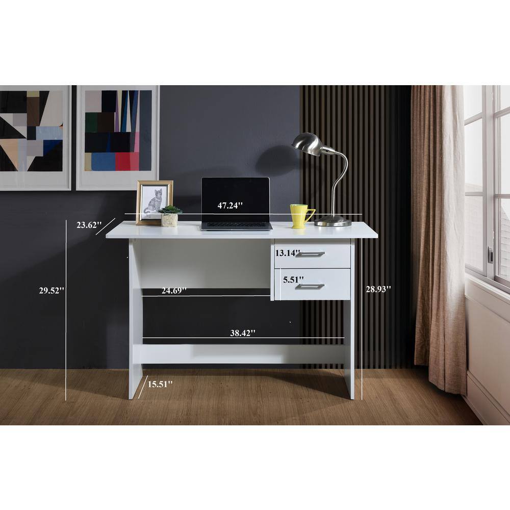 White Engineered Wood Writing Desk with Two Drawers