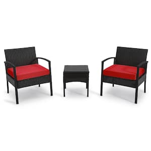 3-Pieces Wicker Patio Conversation Set 2-People Rattan Sofa Seating and Coffee Table Group Outdoor Set with Red Cushions