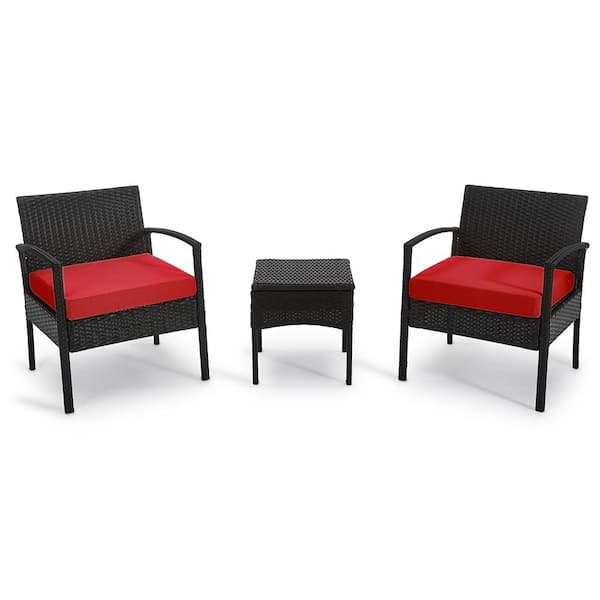 Boyel Living 3-Pieces Wicker Patio Conversation Set 2-People Rattan Sofa Seating and Coffee Table Group Outdoor Set with Red Cushions