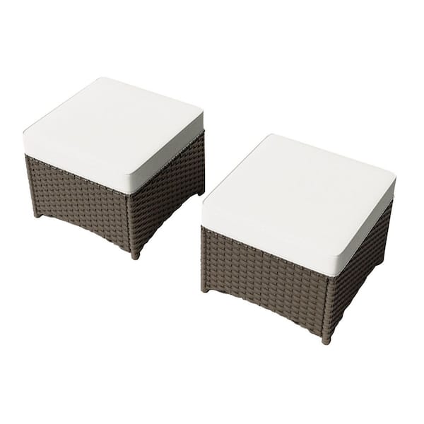 2-piece Wicker Outdoor Patio Ottoman with Beige Cushions