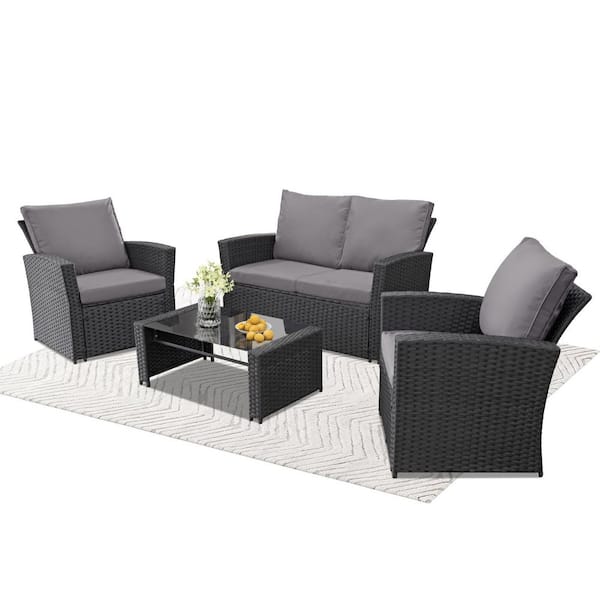 Black 4-Piece Wicker Patio Conversation Set with Gray Cushion Ideal for Garden, Porch, Backyard