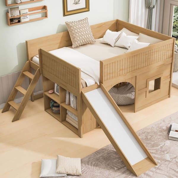 Natural Full Wood Loft Bed with Storage Shelves and Slide, Door and Window Design