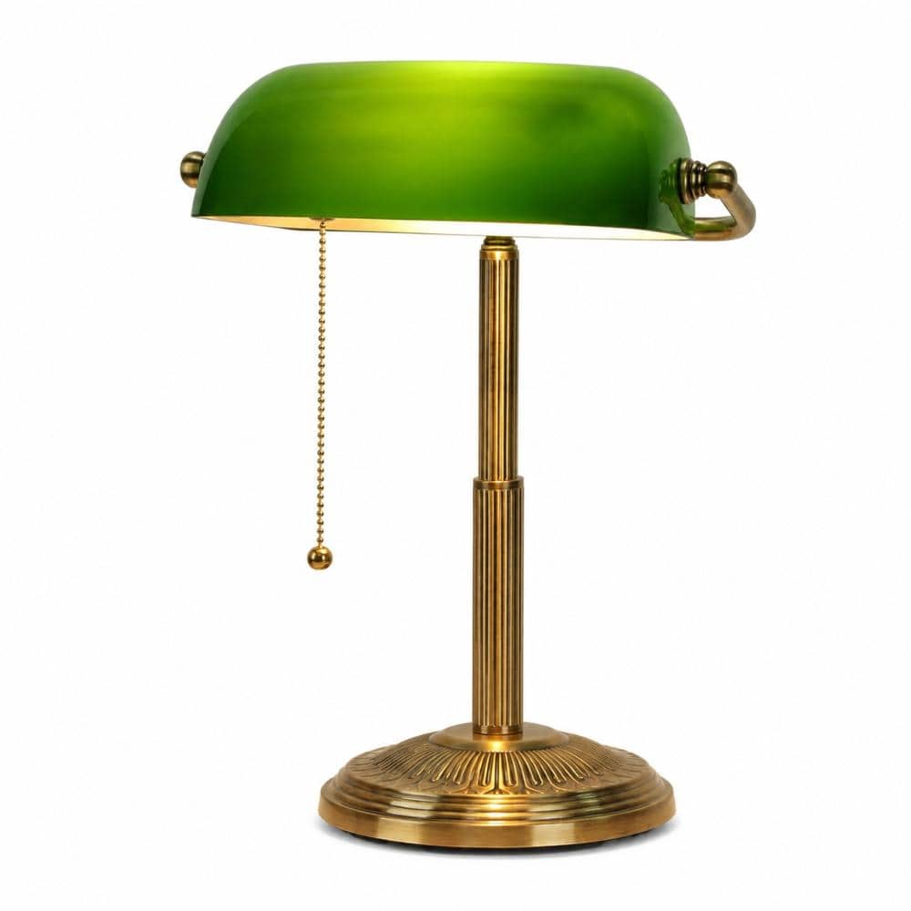 Green Retro Banker Desk Lamp with Pull Chain Switch, Brass Iron