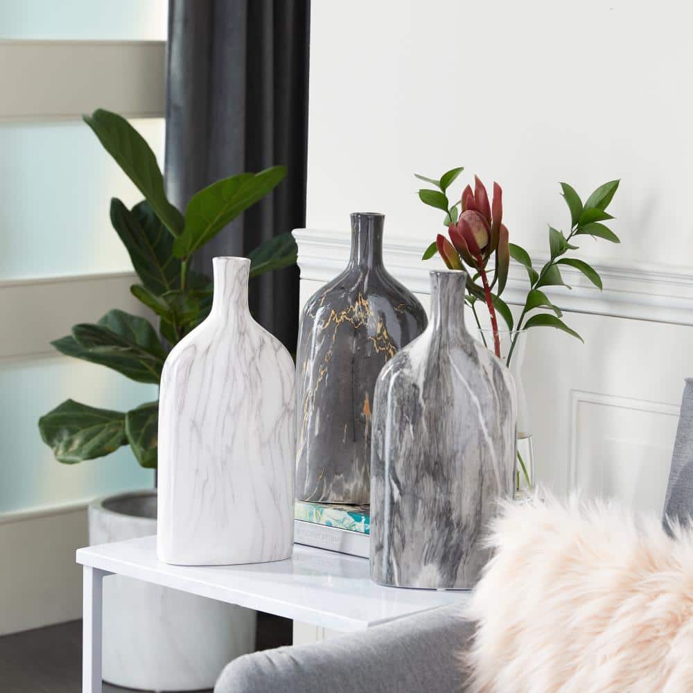 Gray Faux Marble Ceramic Decorative Vase Set, 6" x 3" x 13"