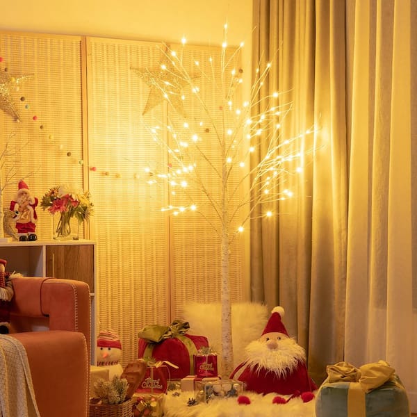 6ft Pre-lit White Twig Birch Tree for Artificial Christmas Tree Holiday w/96 LED Lights