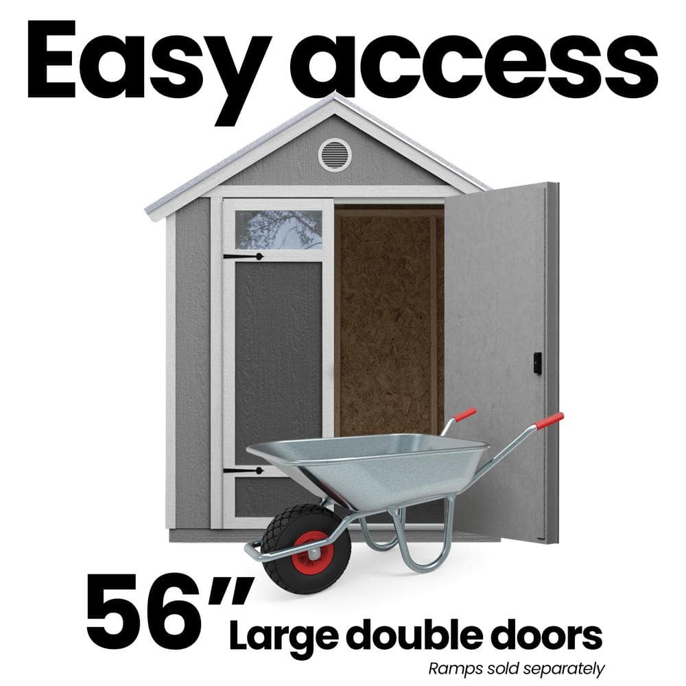 Gray 6' x 8' Wooden Garden Shed with Metal Roof and Shelving