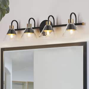 Farmhouse Black Bathroom Vanity Light, 28 in. 4-Light Modern Industrial Gold Wall Lighting with Metal Shades