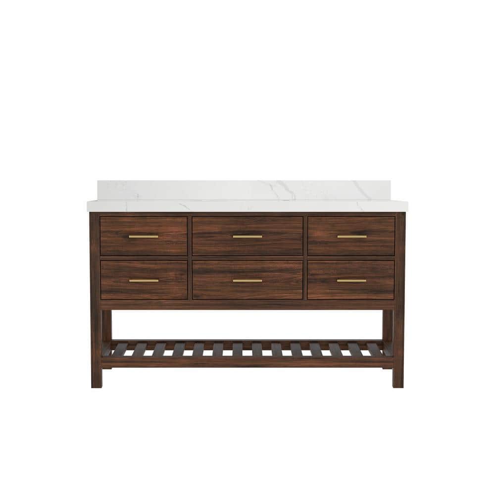 Parket Teak 60 in. W x 22 in. D x 36 in. H Single Sink Bath Vanity in Dark Walnut with Calacatta Laza Quartz Top price history on PriceWatchPro
